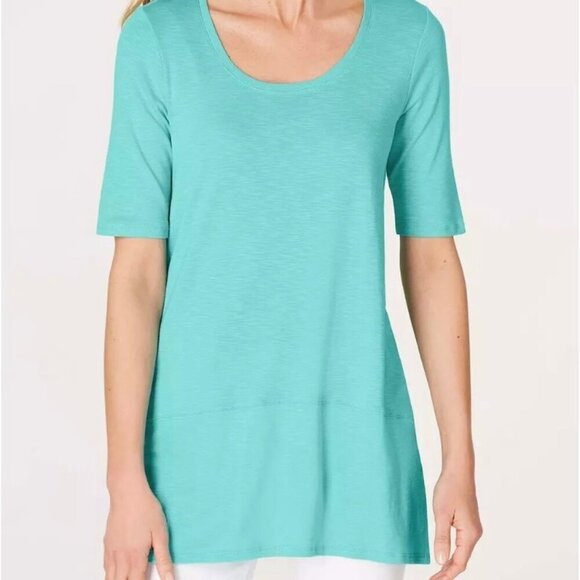 J. Jill Pima Dipped-Hem Tunic Top Short Sleeve Blue Pima Cotton Side Slits Sz S - Picture 9 of 9